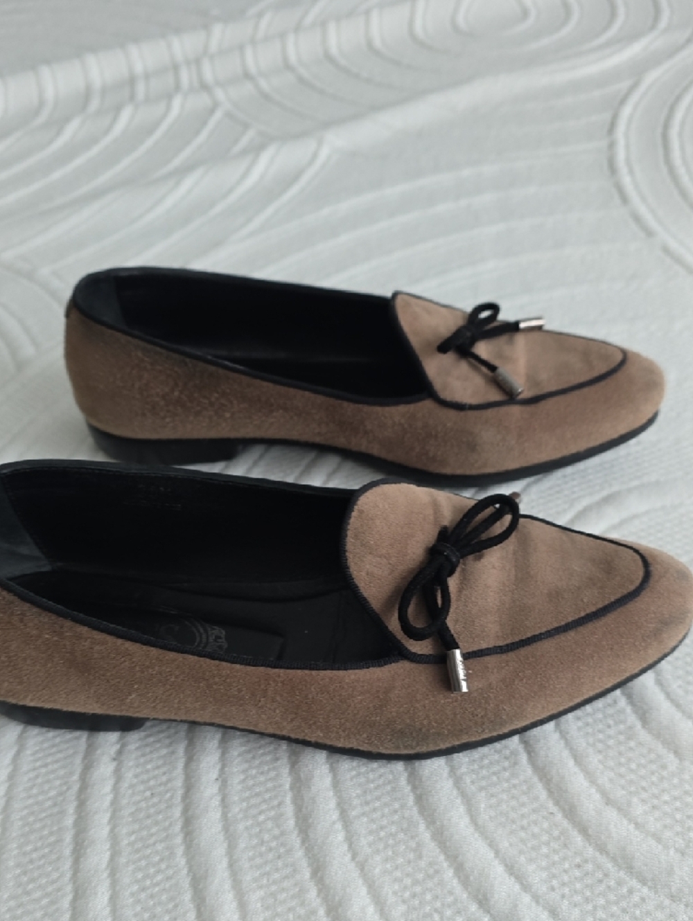 Tod's Taupe Suede Loafers with Black Trim and Bow - Picture 6 of 6